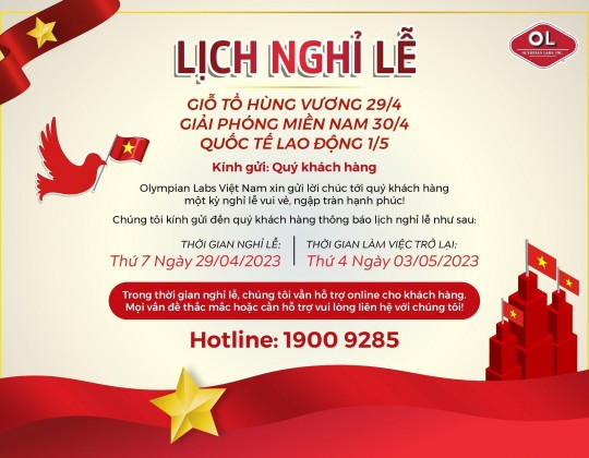 Thông báo lịch nghỉ lễ: Giỗ tổ Hùng Vương - Giải phóng miền Nam - Quốc tế lao động năm 2023 của Olympian Labs