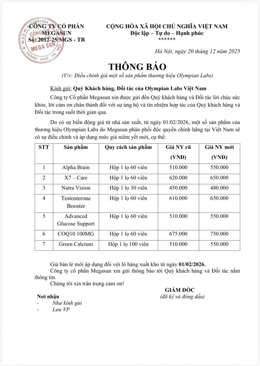 Thông báo: Điều chỉnh giá bán một số sản phẩm của Olympian Labs